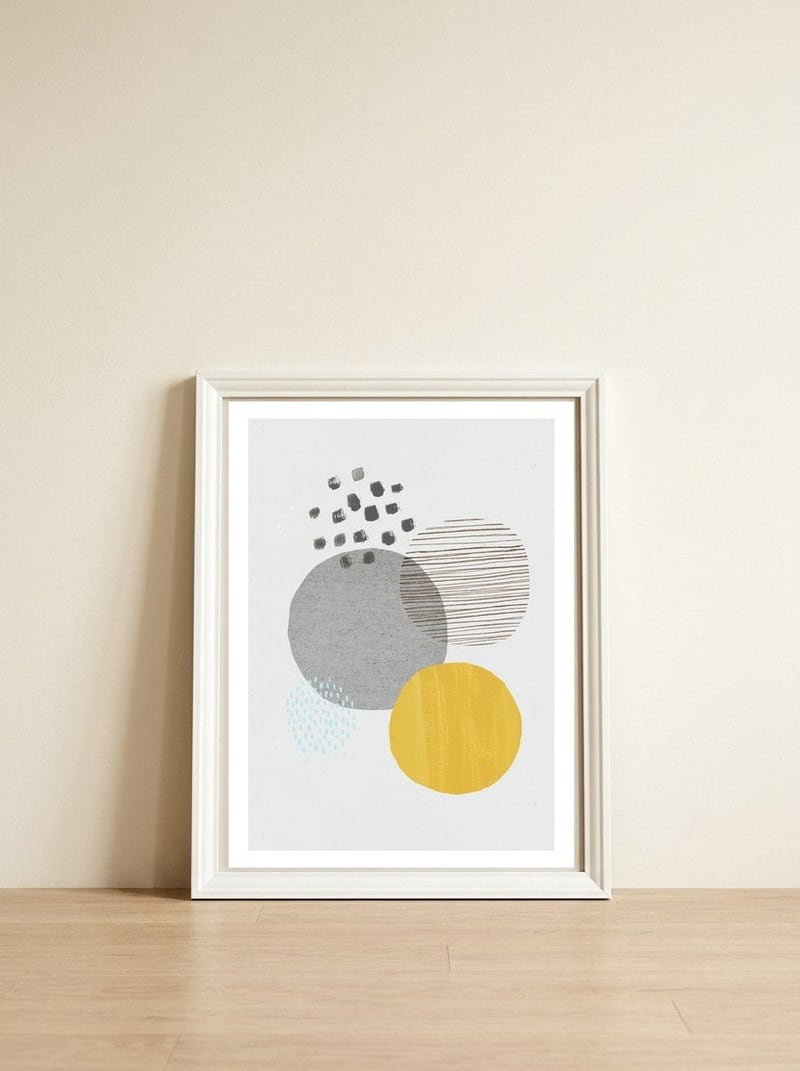 Abstract Mustard And Grey — framed, leaning against the wall