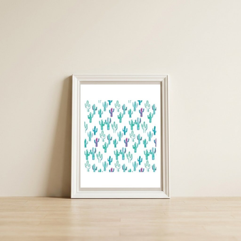 All Over Painted Cacti Mint And Pink — framed, leaning against the wall