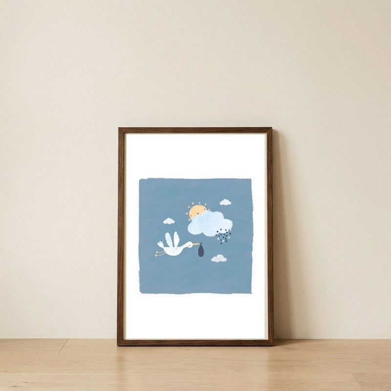 Baby Stork And Sun — framed, leaning against the wall