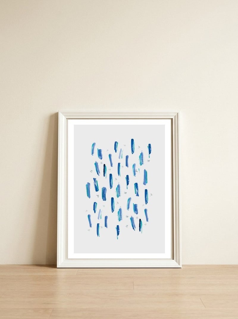 Brush Strokes Blue — framed, leaning against the wall