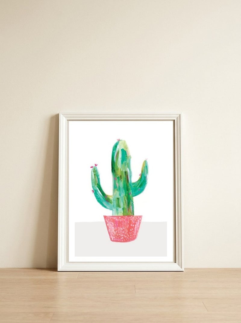 Painted Cactus In Coral Plant Pot — framed, leaning against the wall