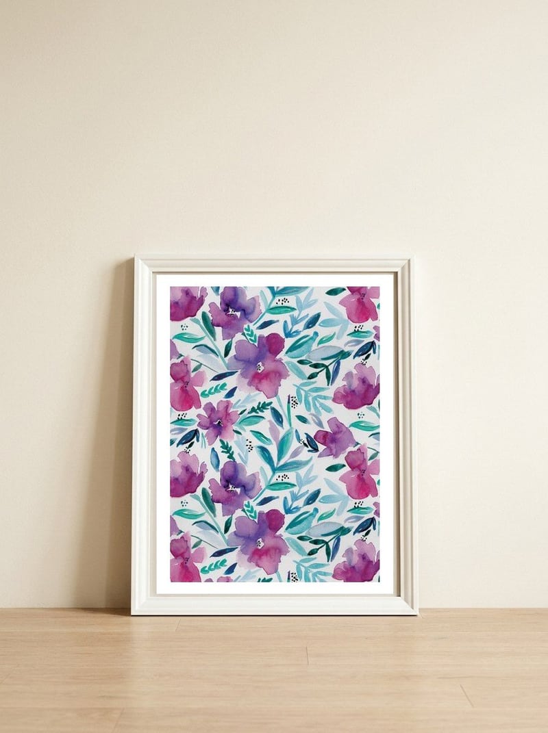 Loose Floral — framed, leaning against the wall