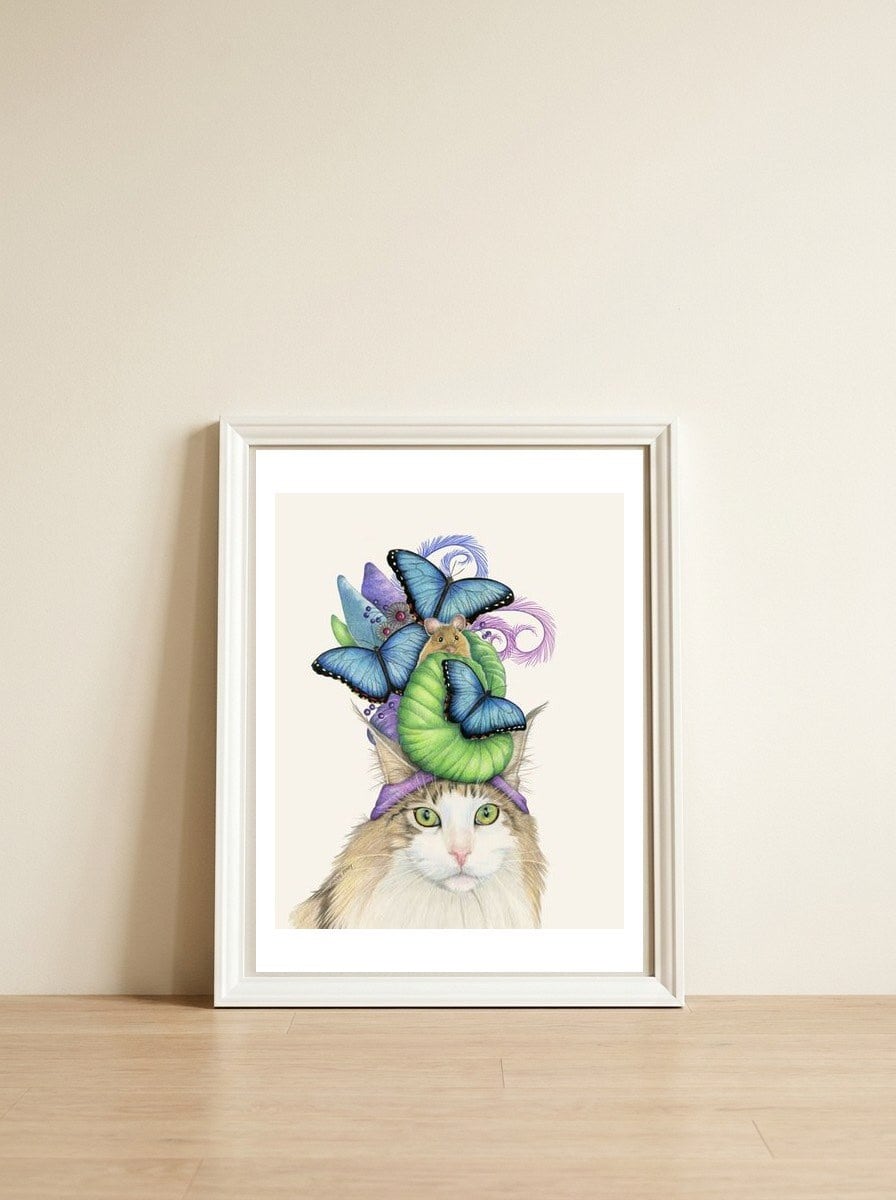 Bluehatcatbright — framed, leaning against the wall