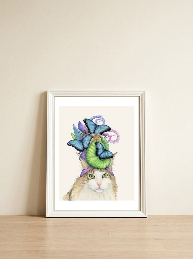 Bluehatcatbright — framed, leaning against the wall