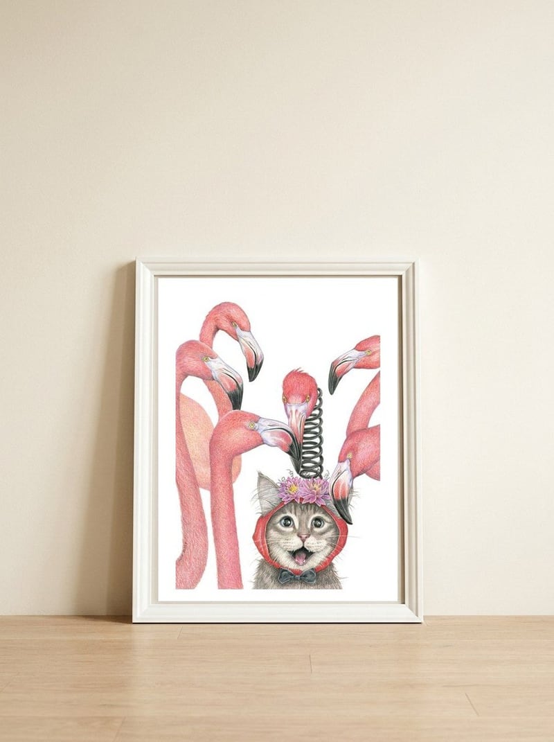 Flamingo — framed, leaning against the wall