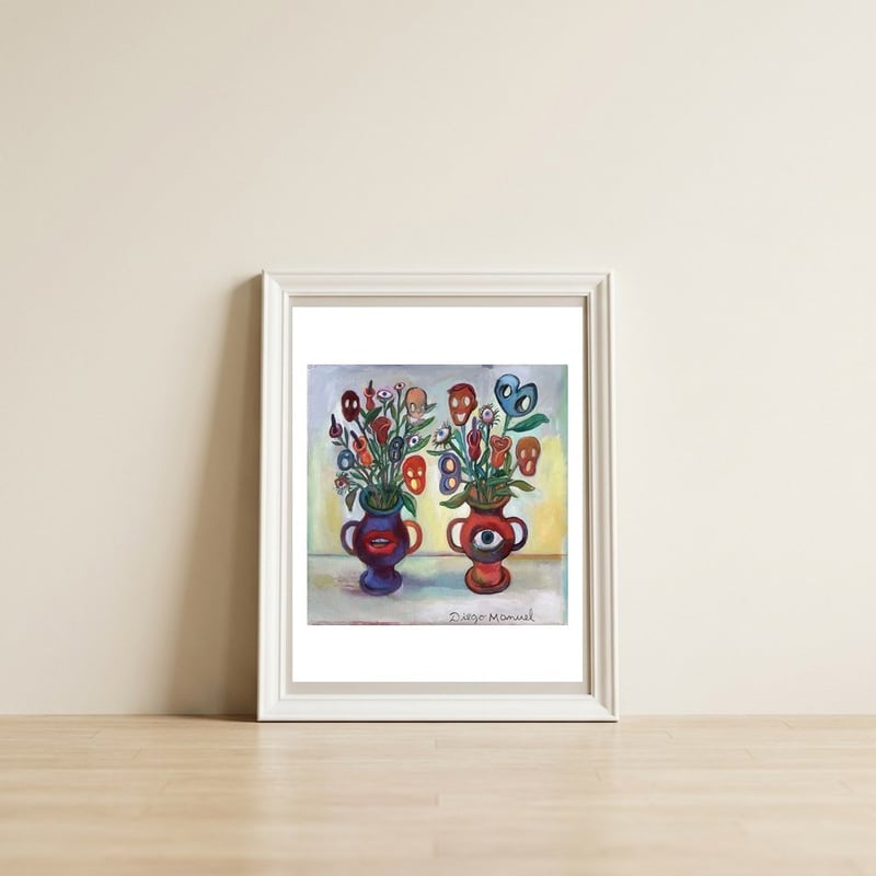 Dos Floreros — framed, leaning against the wall