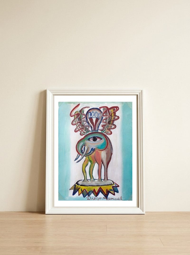 Elefant — framed, leaning against the wall