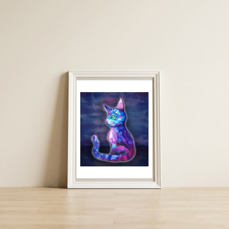 Space cat — framed, leaning against the wall