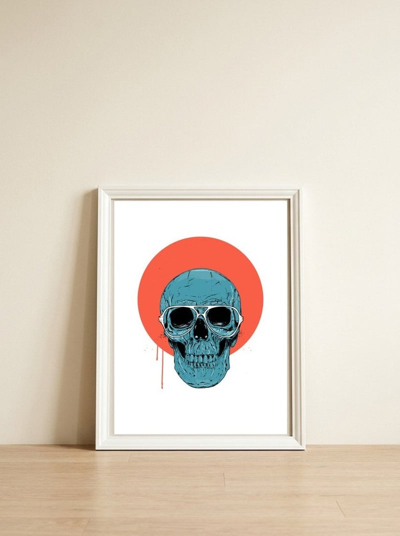 Blue Skull II — framed, leaning against the wall