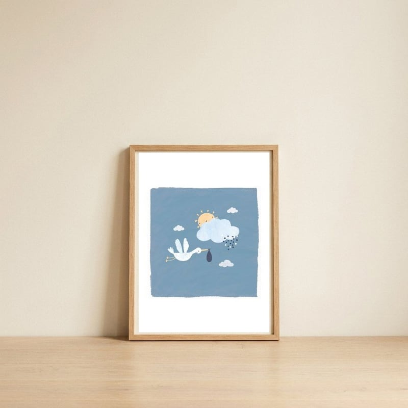Baby Stork And Sun — framed, leaning against the wall
