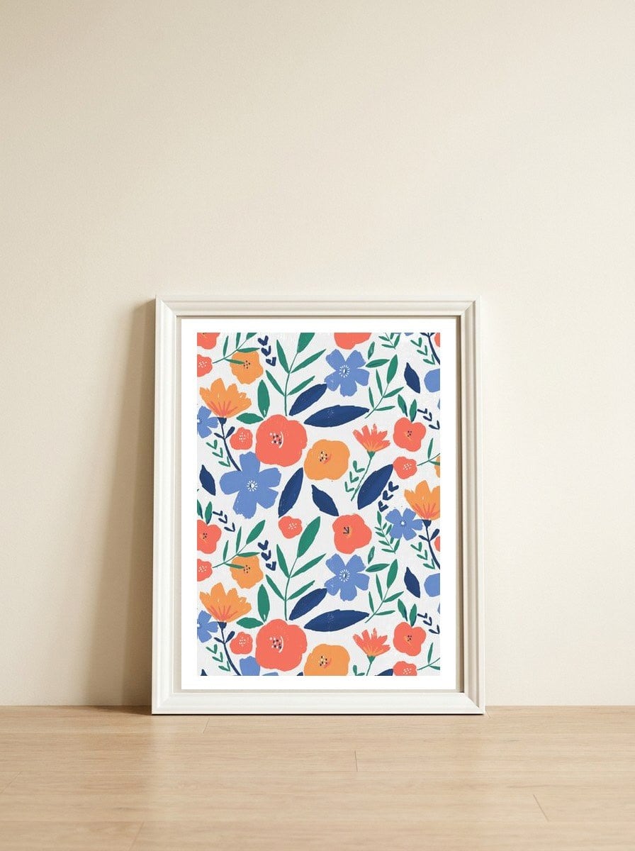 floral pattern — framed, leaning against the wall