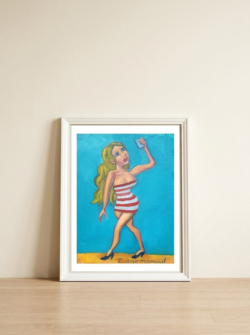 Chica Selfie — framed, leaning against the wall