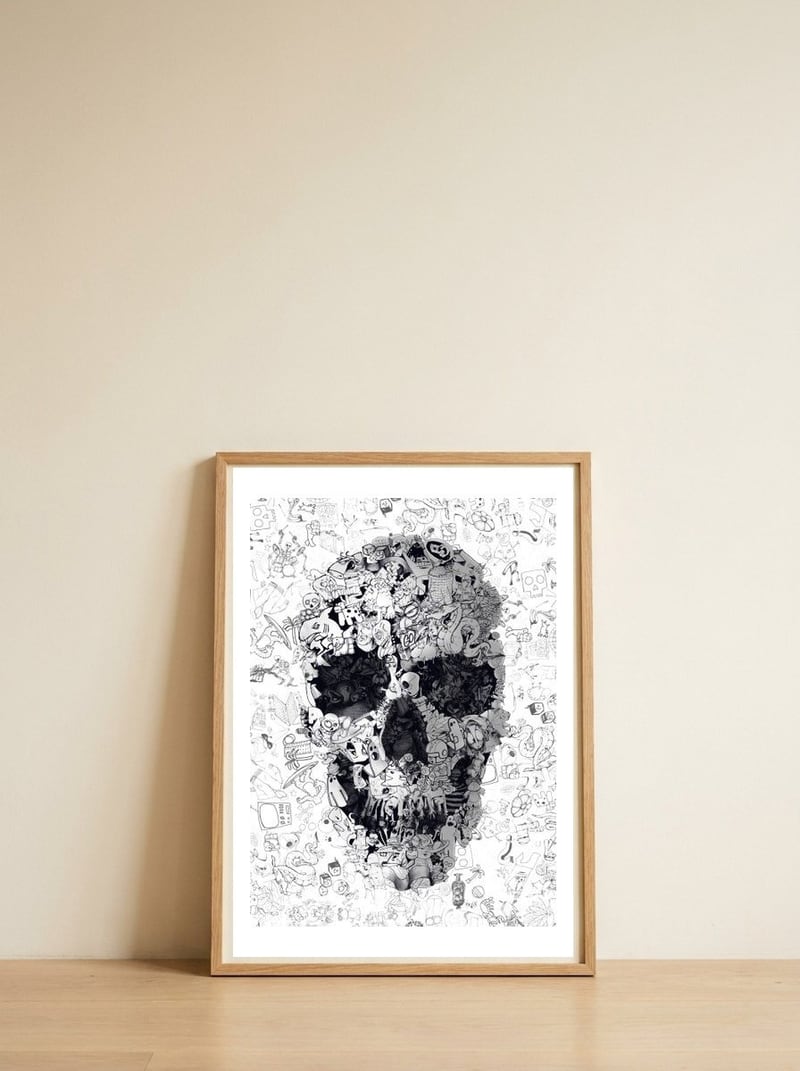 Doodle Skull — framed, leaning against the wall