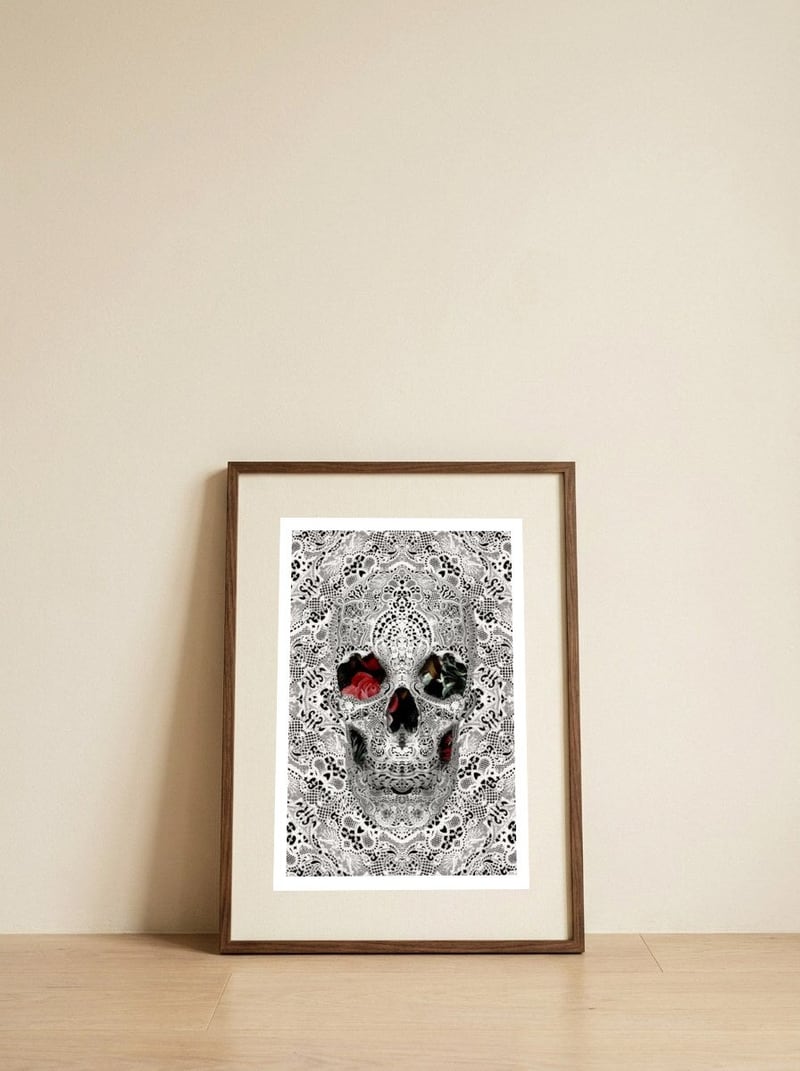 Lace Skull Light — framed, leaning against the wall
