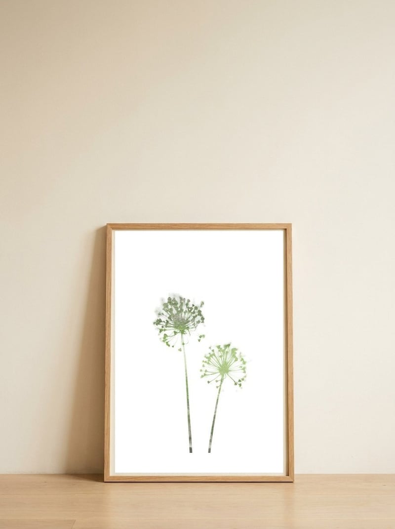 Olive Green Dandelion — framed, leaning against the wall