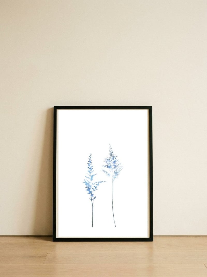 Blue Astilbe — framed, leaning against the wall