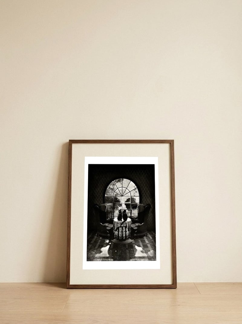 Room Skull Bw — framed, leaning against the wall