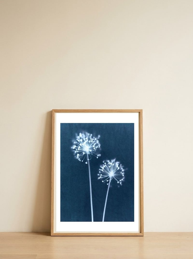Indigo Dandelion — framed, leaning against the wall