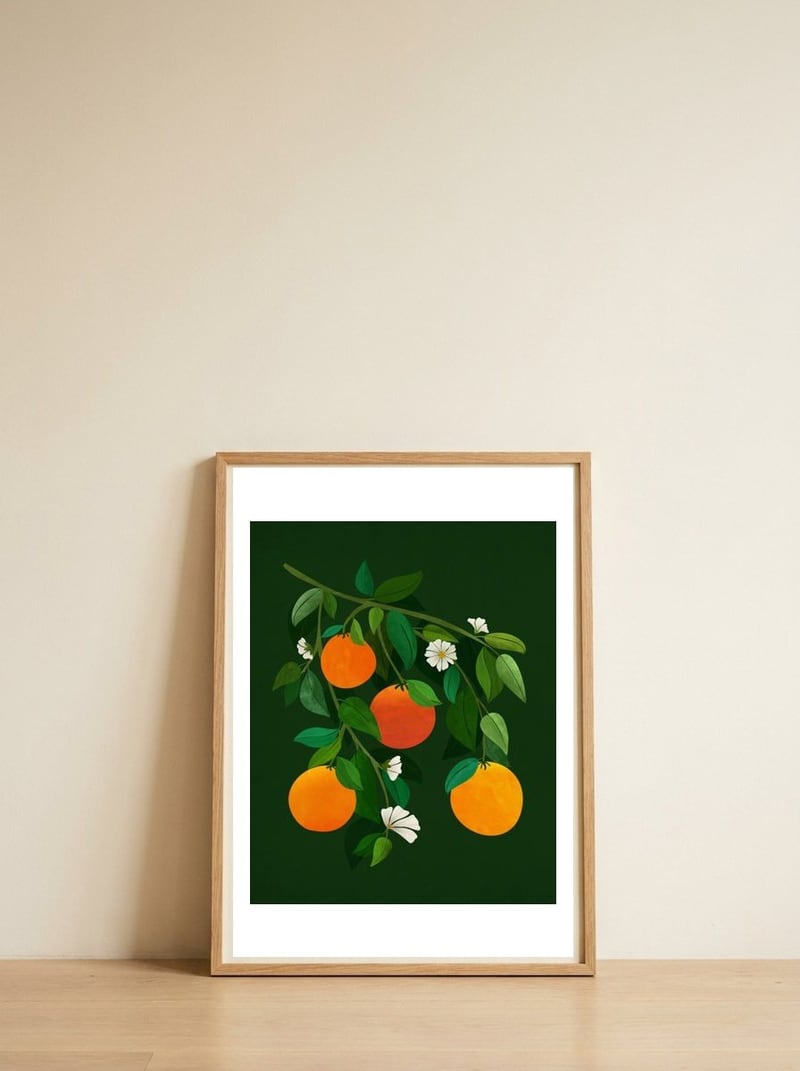 Oranges and Blossoms — framed, leaning against the wall