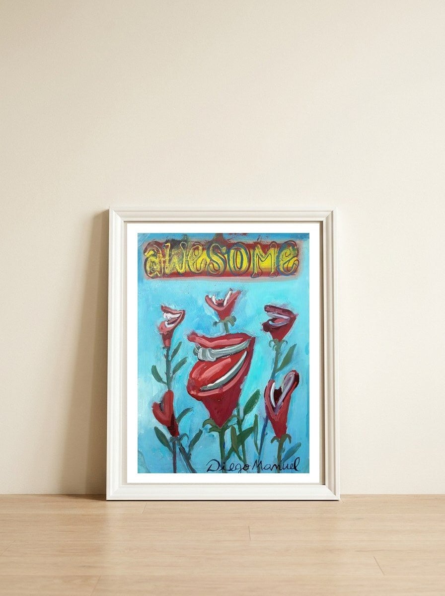 Awesome — framed, leaning against the wall