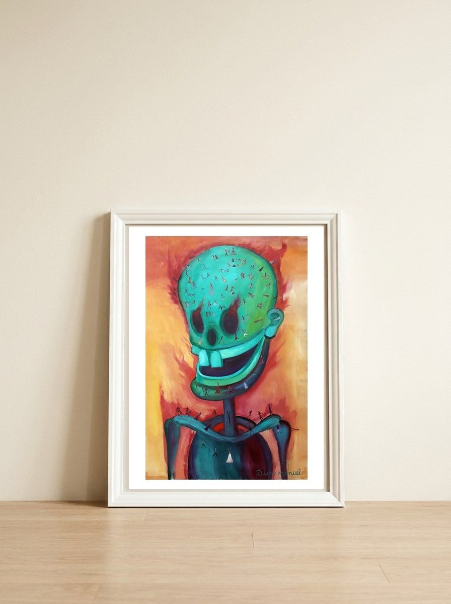 Esqueleto — framed, leaning against the wall