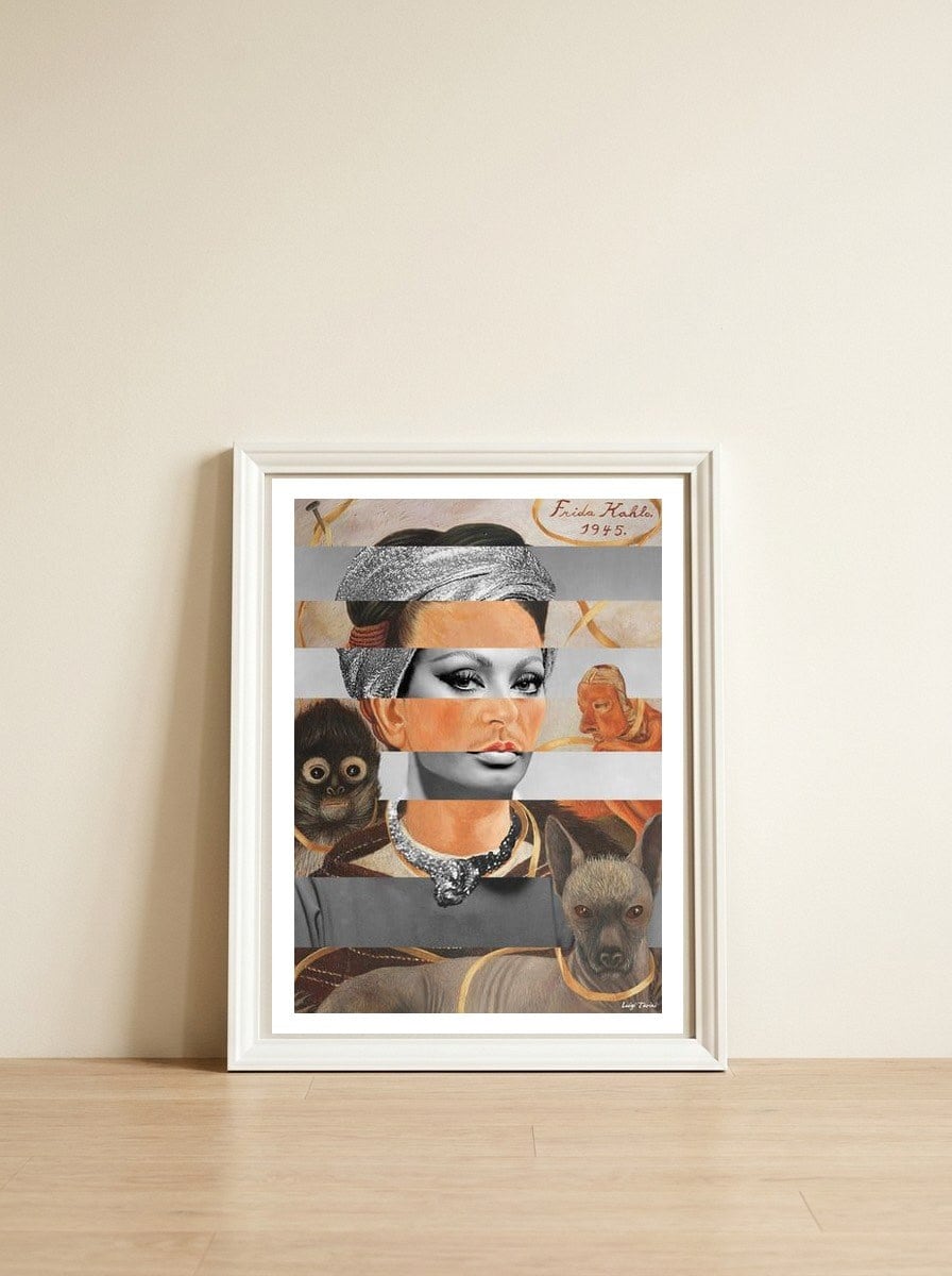 Self Portrait By Frida Kahlo & Sophia Loren — framed, leaning against the wall