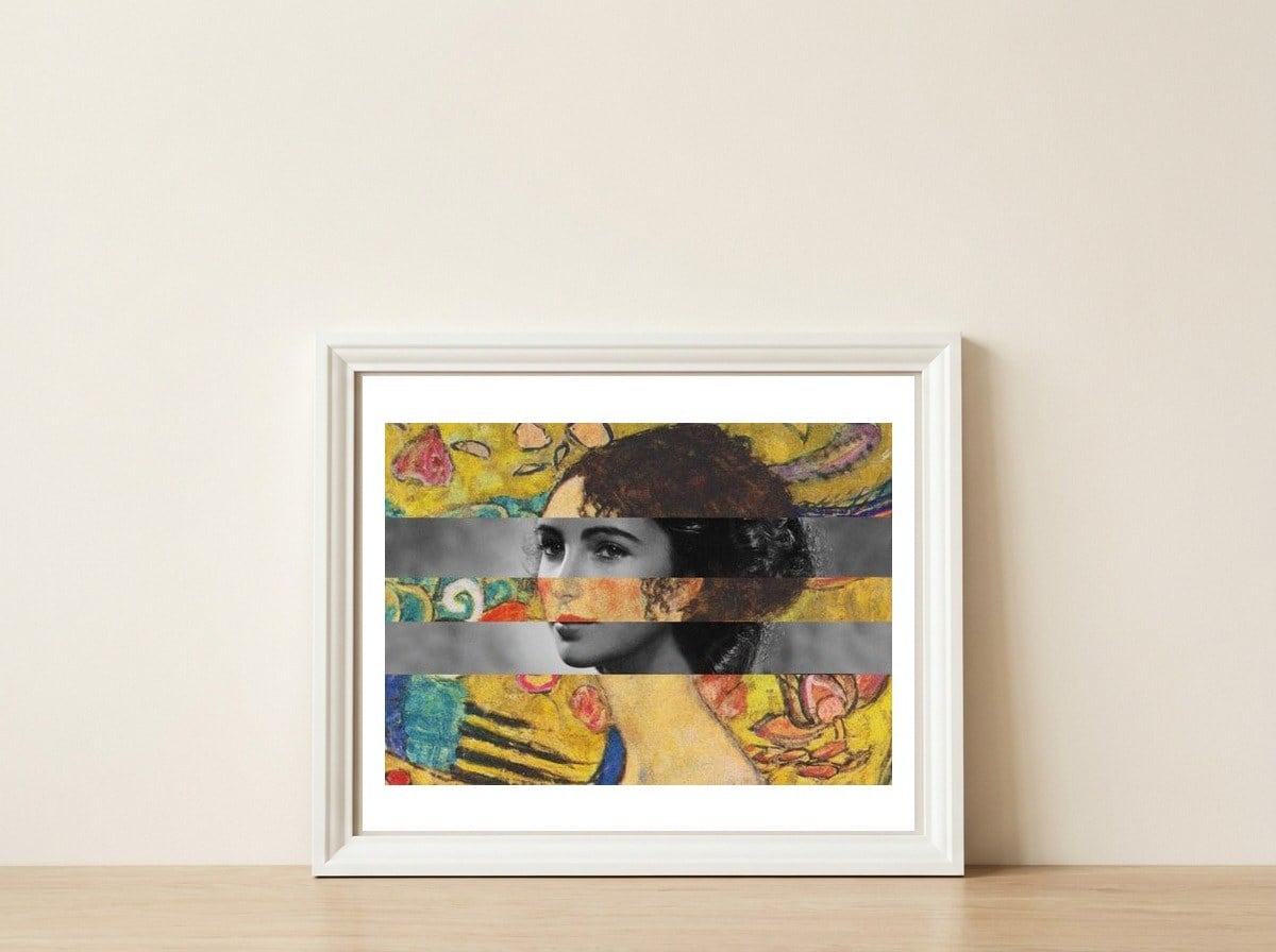 Klimt's Lady With A Fan & Elizabeth Taylor — framed, leaning against the wall