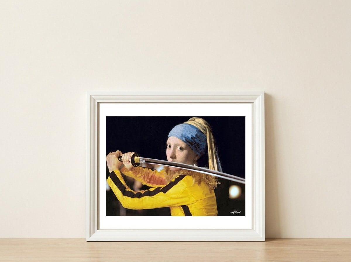 Vermeer's Girl with a Pearl Earring & Beatrix Kiddo From Kill Bill — framed, leaning against the wall