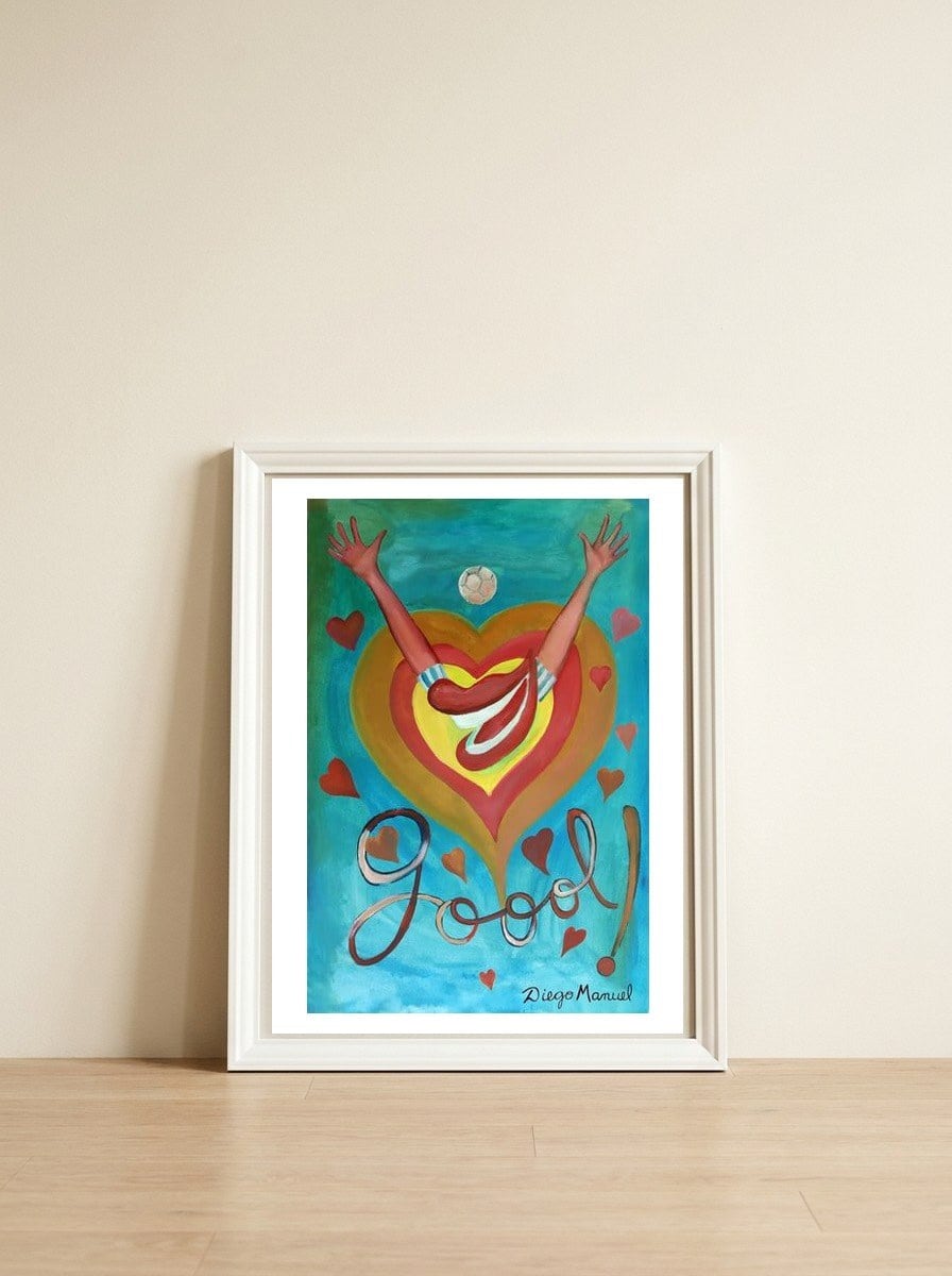 Goool Y Corazones — framed, leaning against the wall