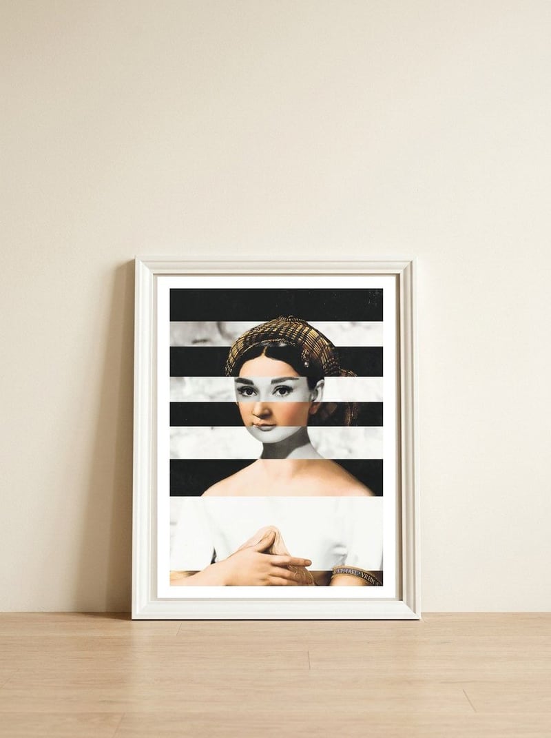 Raphael's La Fornarina & Audrey Hepburn — framed, leaning against the wall