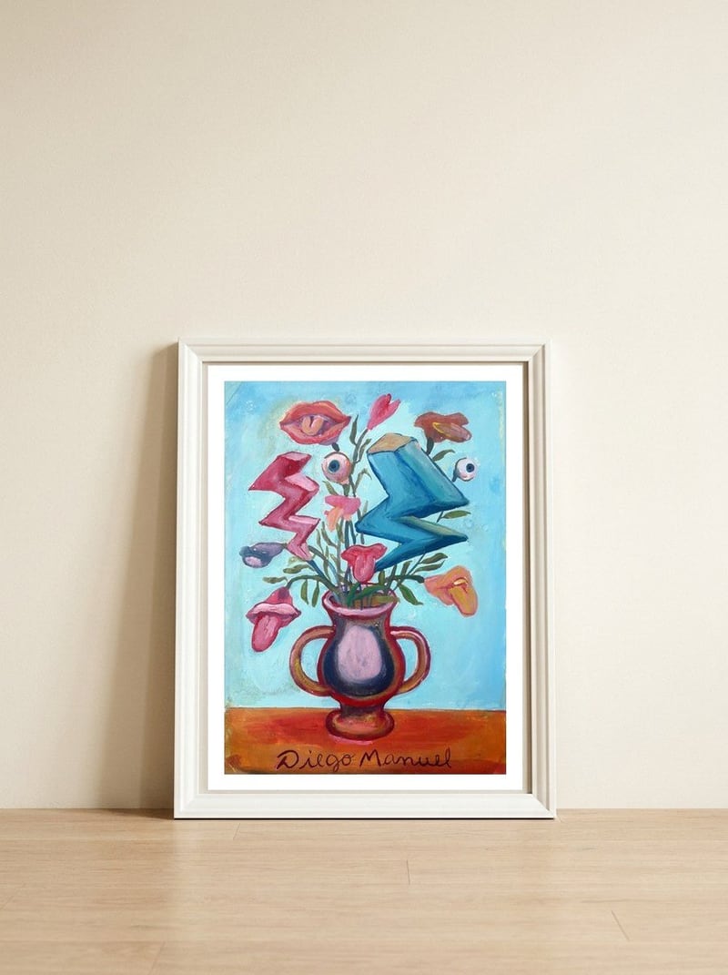 Florero Con Dos Rayos 2 — framed, leaning against the wall
