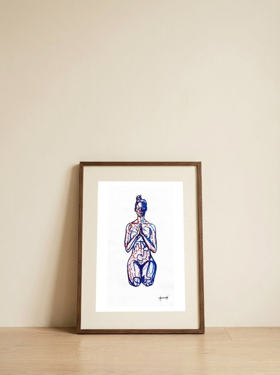 Vajrasana — framed, leaning against the wall