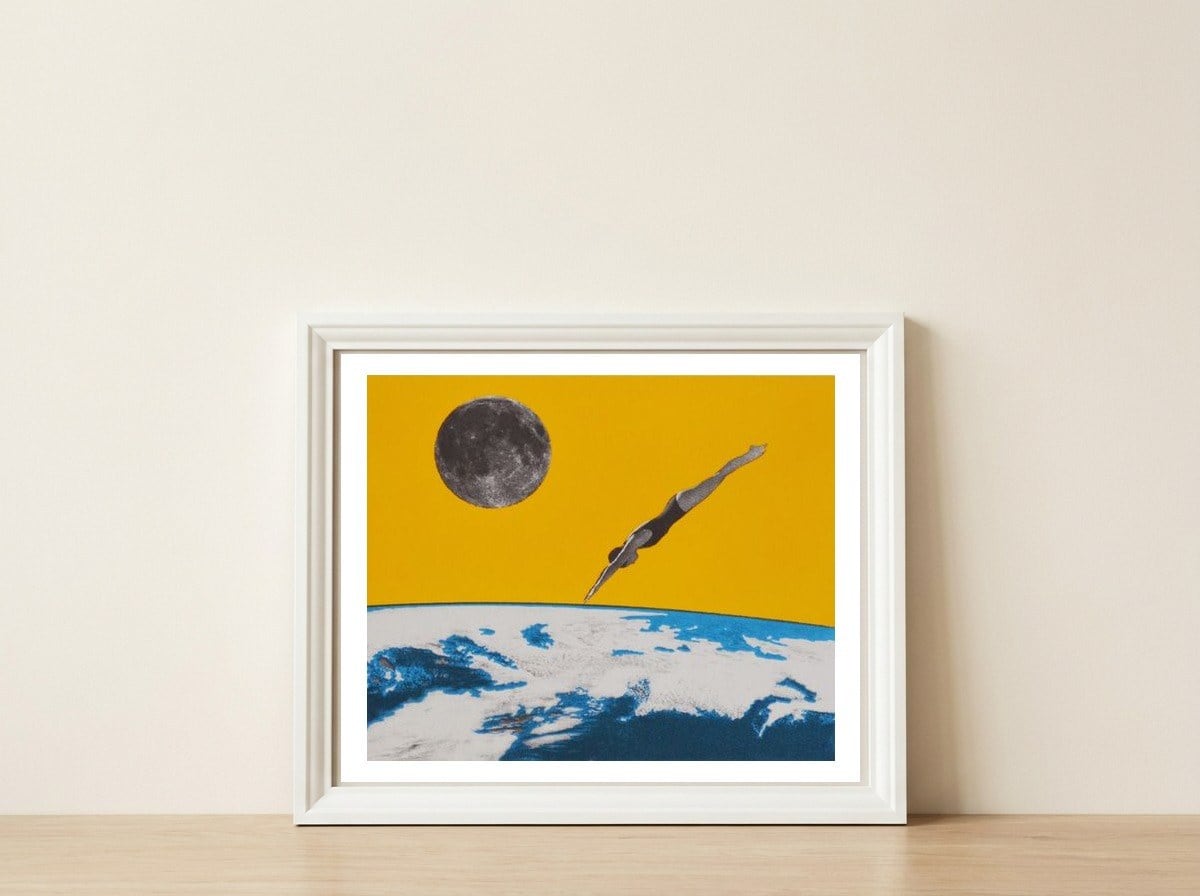 The Space Dive — framed, leaning against the wall