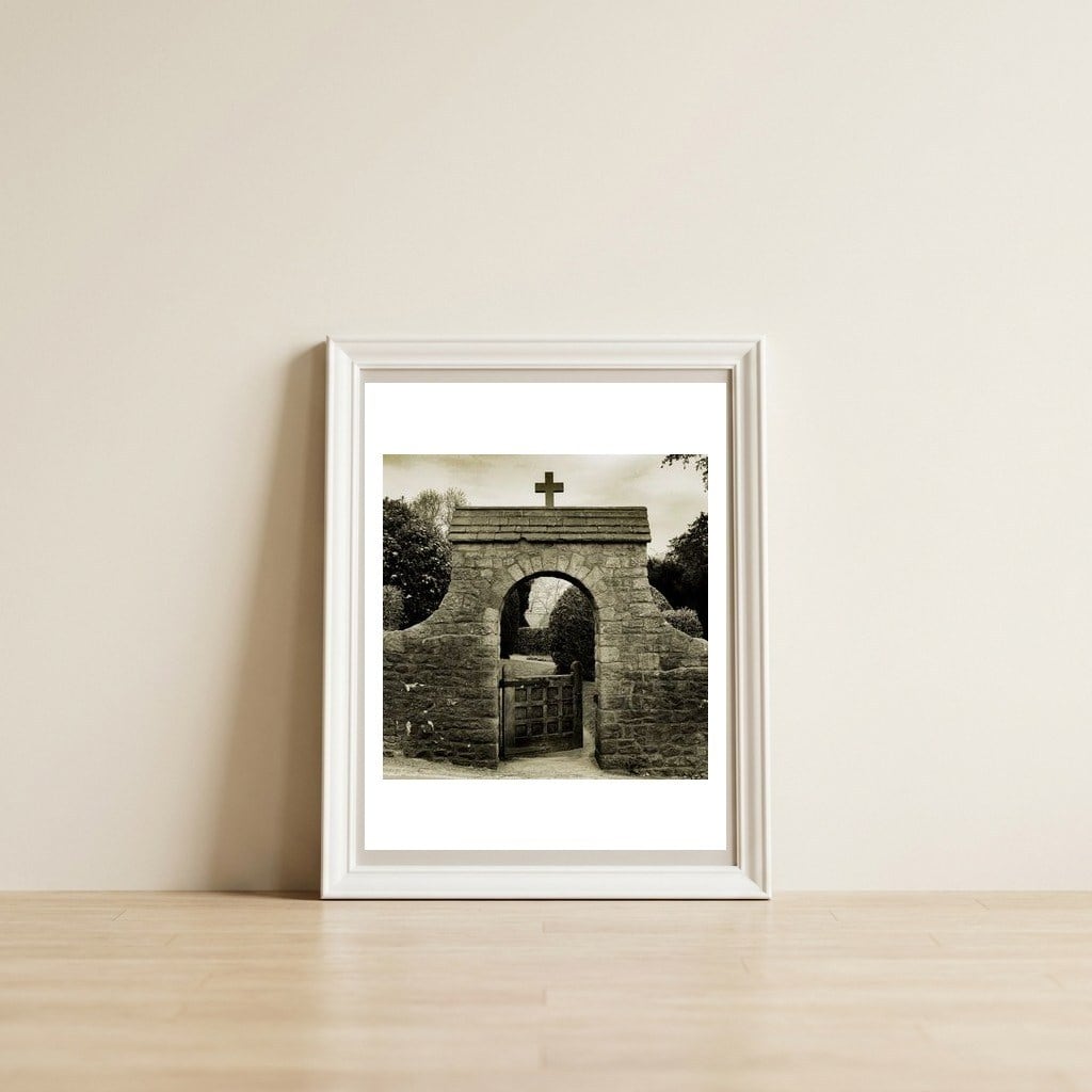 The Churchyard gate — framed, leaning against the wall