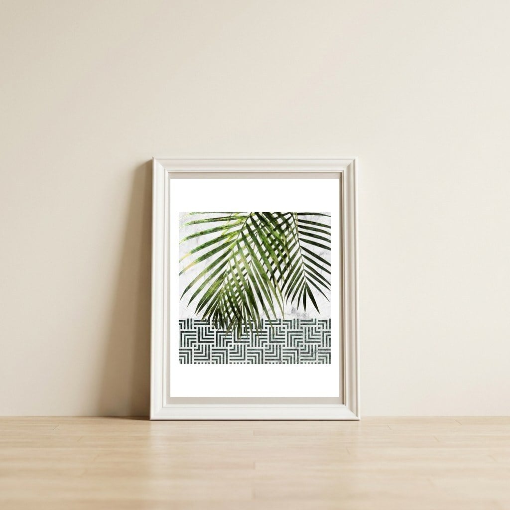 Palm Leaves On White Marble And Tiles — framed, leaning against the wall