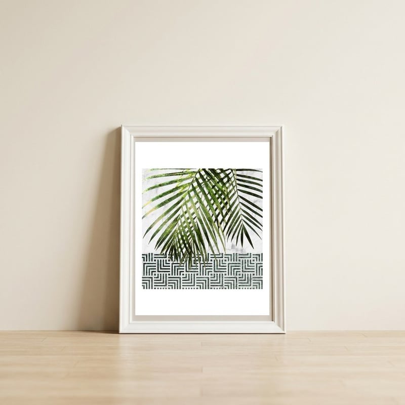 Palm Leaves On White Marble And Tiles — framed, leaning against the wall