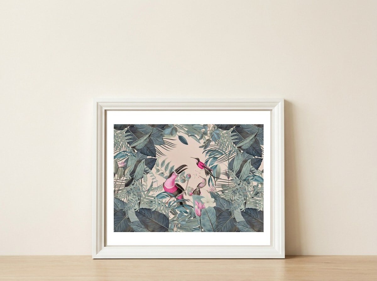 Green Jungle Toucans Color Look — framed, leaning against the wall