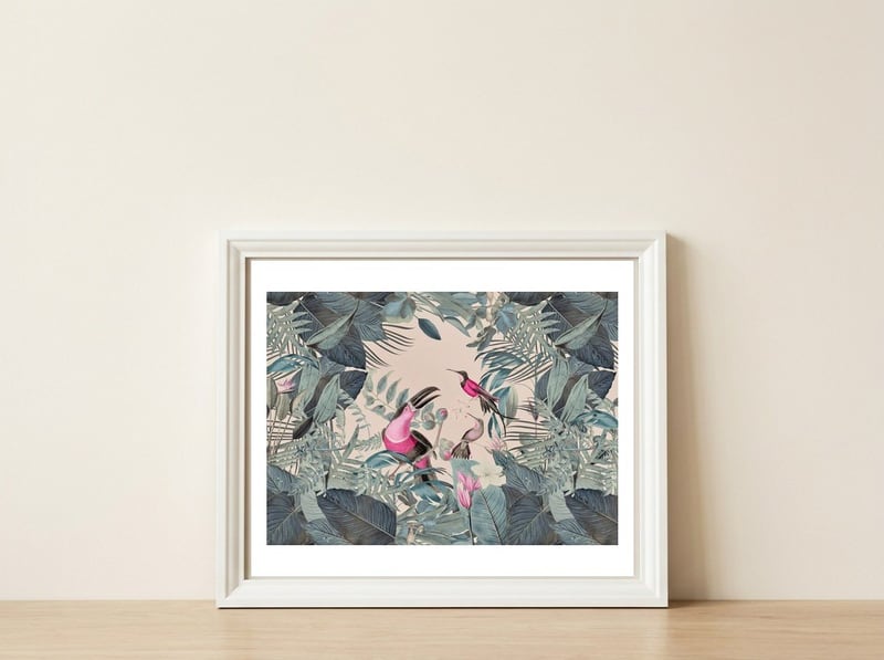 Green Jungle Toucans Color Look — framed, leaning against the wall