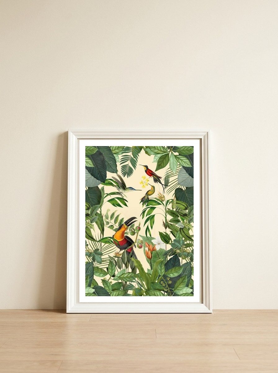 Green Jungle Toucans — framed, leaning against the wall
