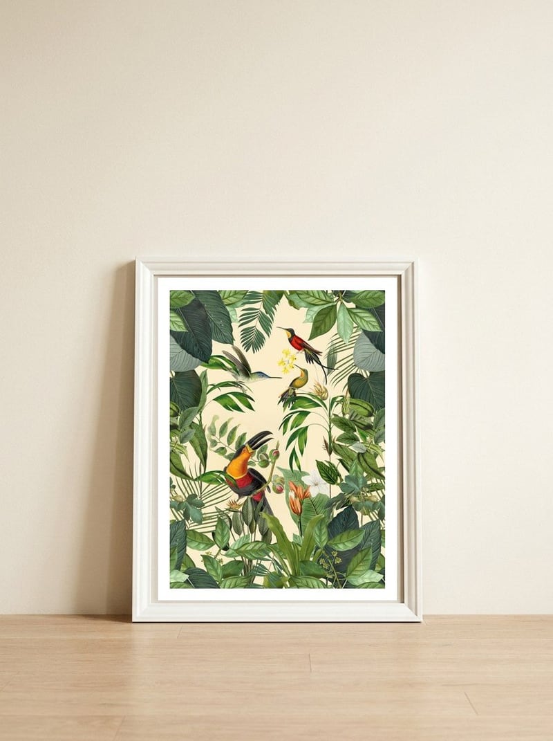 Green Jungle Toucans — framed, leaning against the wall