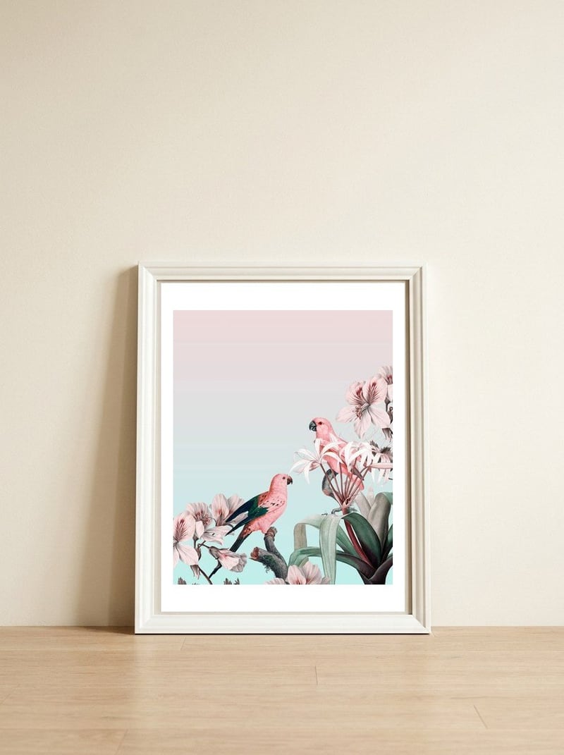 Pastel Parrots Paradise — framed, leaning against the wall