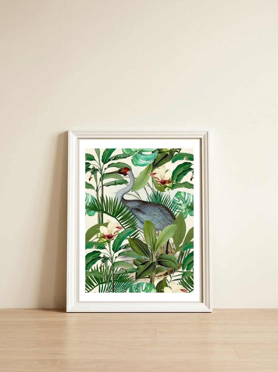 Tropical Heron — framed, leaning against the wall