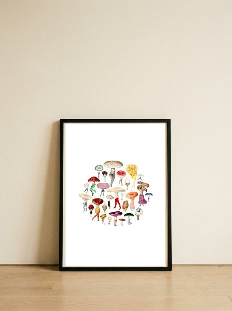 Mushroom Patch — framed, leaning against the wall