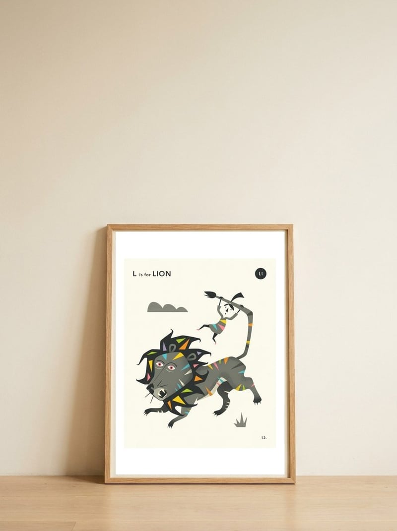 L is for LION — framed, leaning against the wall