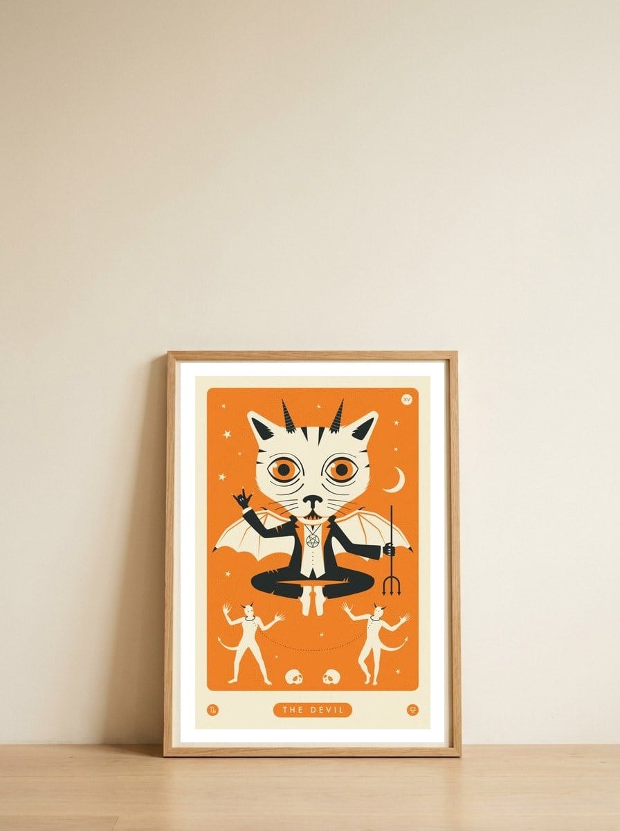 TAROT CARD CAT: THE DEVIL — framed, leaning against the wall