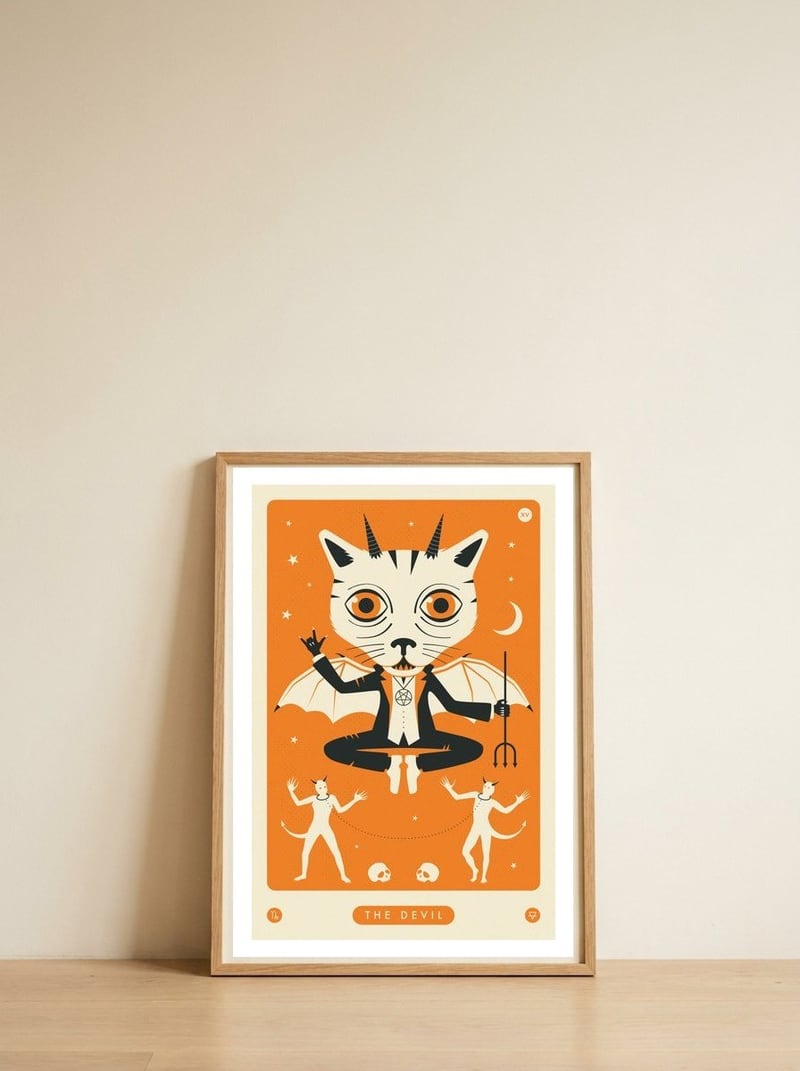 TAROT CARD CAT: THE DEVIL — framed, leaning against the wall