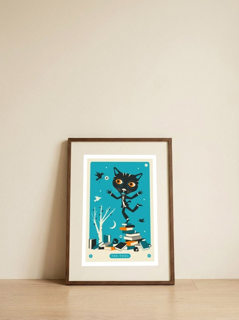 TAROT CARD CAT: THE FOOL — framed, leaning against the wall