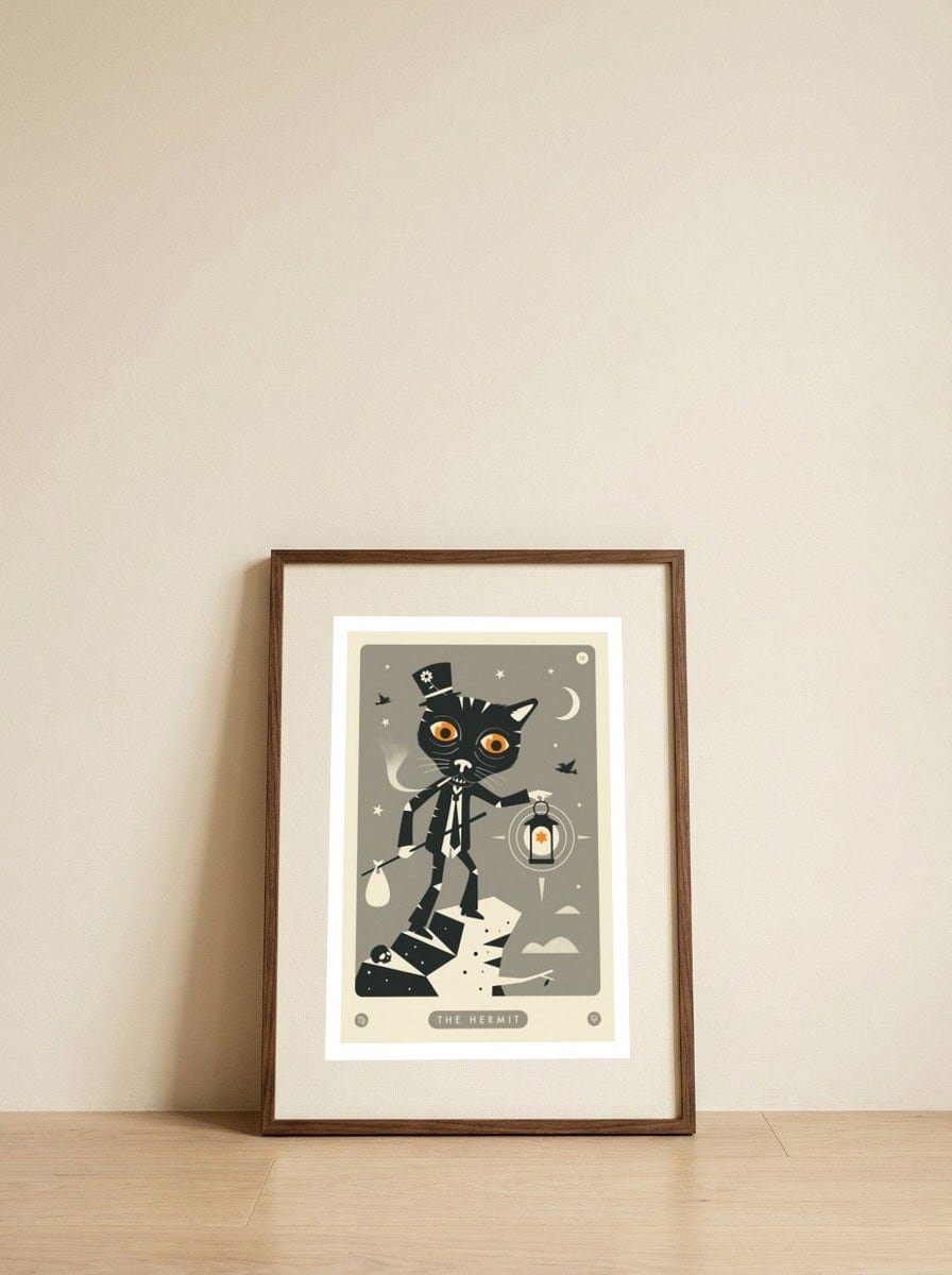 TAROT CARD CAT: THE HERMIT — framed, leaning against the wall
