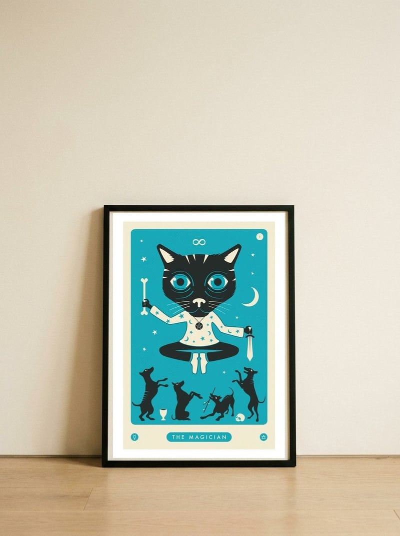 TAROT CARD CAT: THE MAGICIAN — framed, leaning against the wall