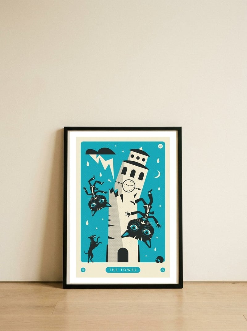 TAROT CARD CAT: THE TOWER — framed, leaning against the wall
